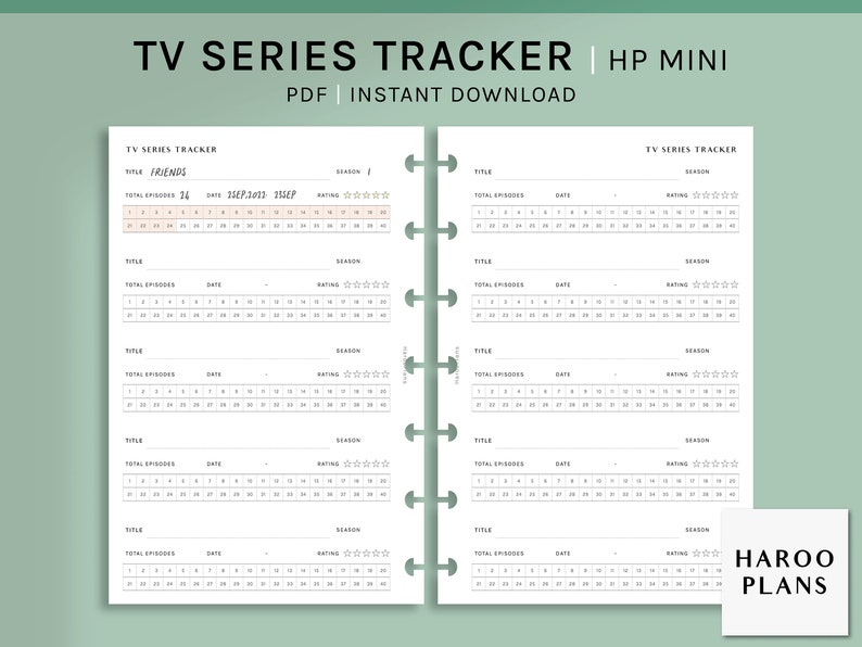 Puede incluir: Un rastreador de series de televisi&oacute;n imprimible para planificadores HP Mini. El rastreador tiene espacio para enumerar el t&iacute;tulo, el n&uacute;mero total de episodios, la fecha y la calificaci&oacute;n de cada programa. La imagen muestra una entrada de muestra para el programa "FRIENDS" con 24 episodios en total y una calificaci&oacute;n de 5 estrellas.