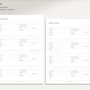 May include: A printable home inventory checklist with sections for location, brand, model number, serial number, date purchased, purchased from, price, receipt, and warranty. The checklist is designed for organising and tracking household items.