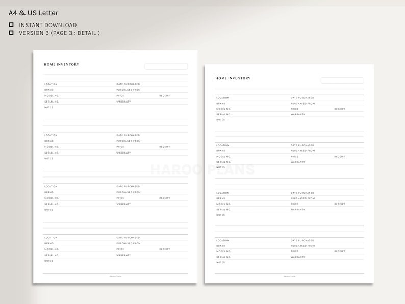 May include: A printable home inventory checklist with sections for location, brand, model number, serial number, date purchased, purchased from, price, receipt, and warranty. The checklist is designed for organising and tracking household items.
