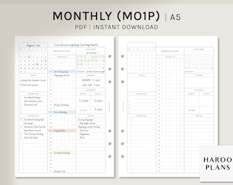 Monthly Planner | A5 Printable Planner Inserts | Monthly Overview Template | MO1P Month on one page | Digital Download