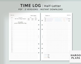 May include: Printable time log planner in half-letter size. The planner has two pages, one for a monthly time log and one for a daily time log. The monthly time log has a grid for tracking time spent on different activities. The daily time log has a column for date, description, start time, finish time, and total hours. The planner is designed for use with a disc-bound planner.