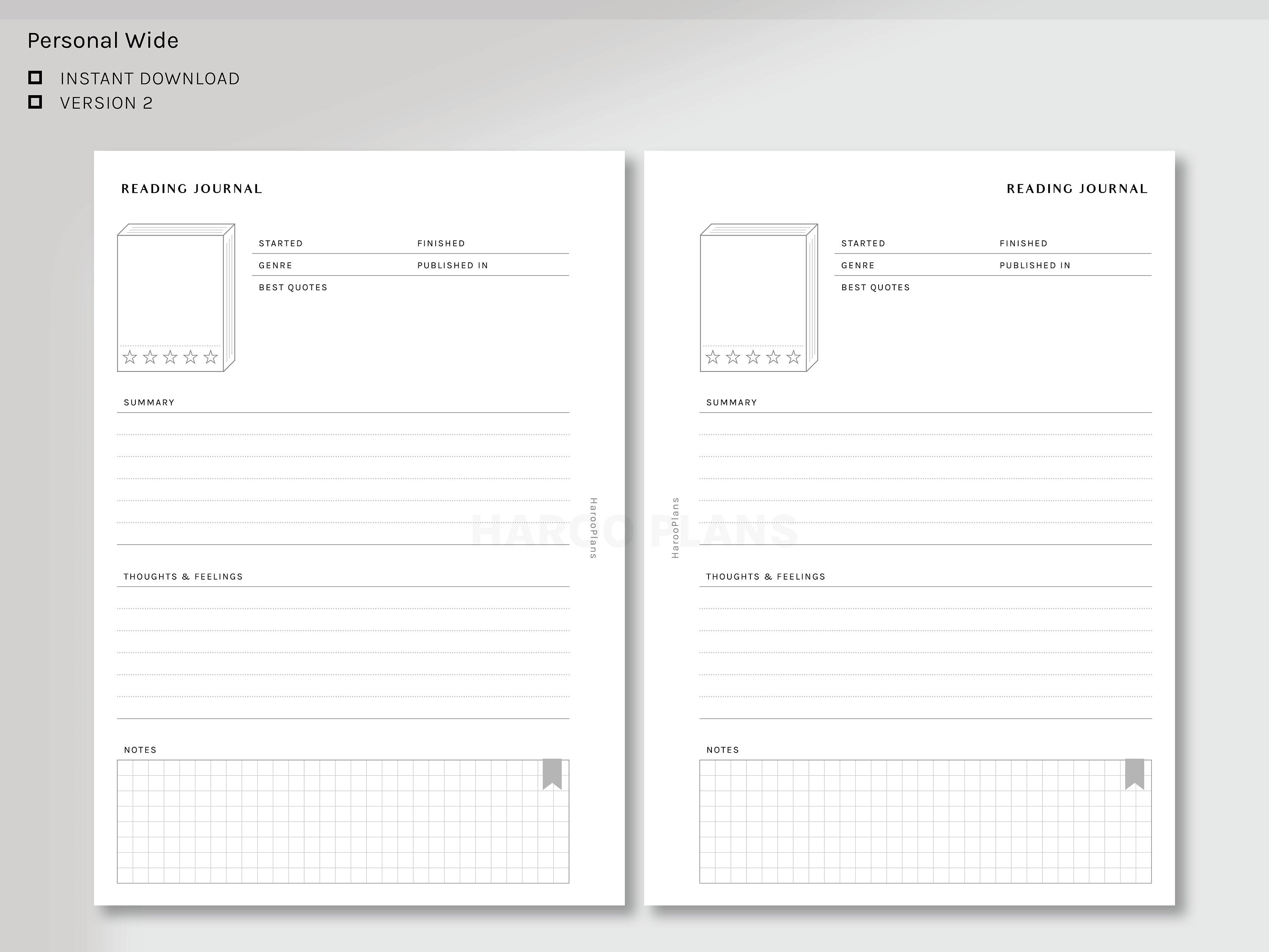 Reading Journal | Personal Wide Printable Planner Inserts | Book Review ...