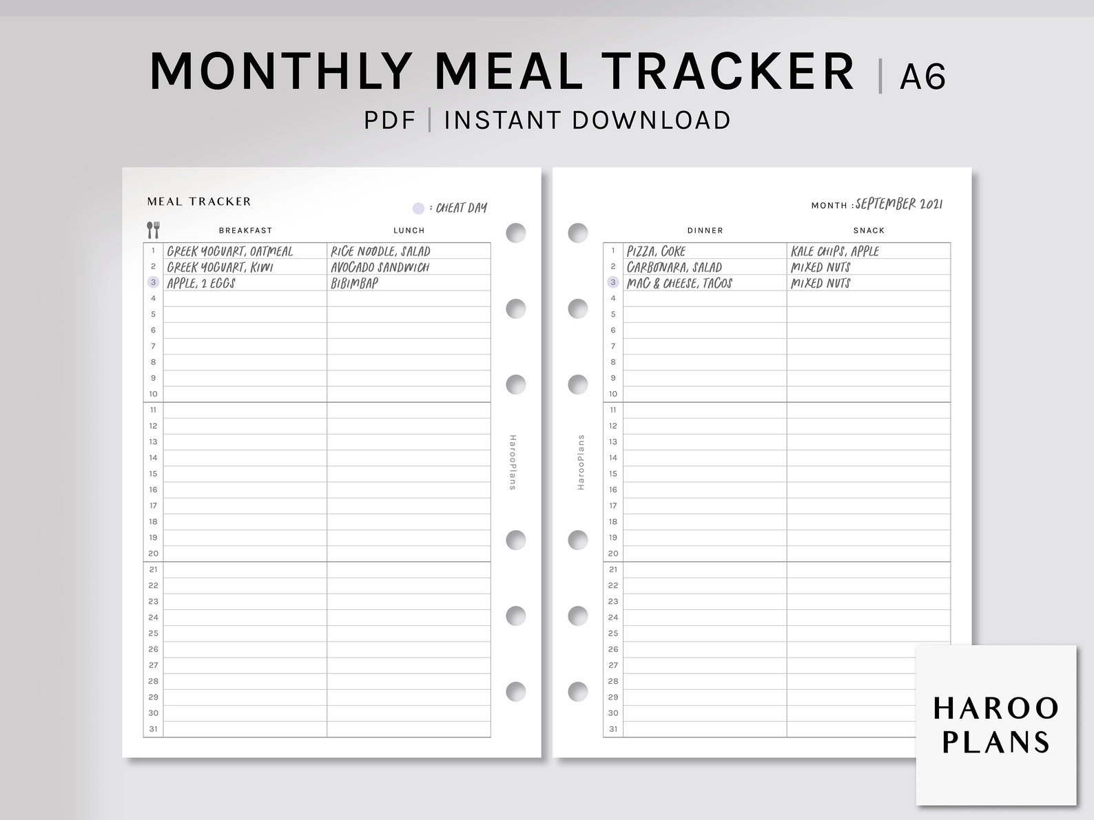 Monthly Meal Tracker | A6 Printable Planner Inserts | MO2P Diet Menu ...