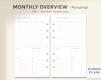 Undated Monthly Overview | Personal Size Printable Planner Inserts | Calendar Template with Checklist, Notes, Priorities | Digital Download