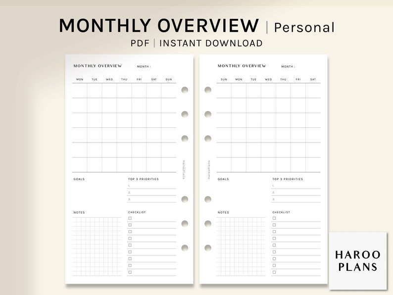 Undated Monthly Overview | Personal Size Printable Planner Inserts ...