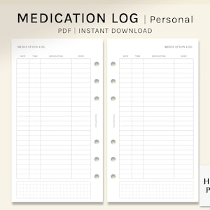 Medication Log | Personal Printable Planner Inserts | Medicine Tracker | Supplements Pill List | Vitamin Intake Sheet PDF | Digital Download