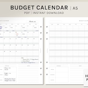 Budget Calendar | A5 Printable Planner Inserts | Monthly Financial Template | Income and Expense Log | Finance Journal | Digital Download