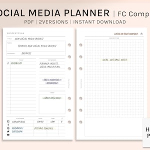 May include: A black and white printable social media planner designed for a compact planner. The planner includes sections for content plan, checklist, keywords, links, platform, date, time, and posting schedule. There is also a section for ideas, outlines, and notes.