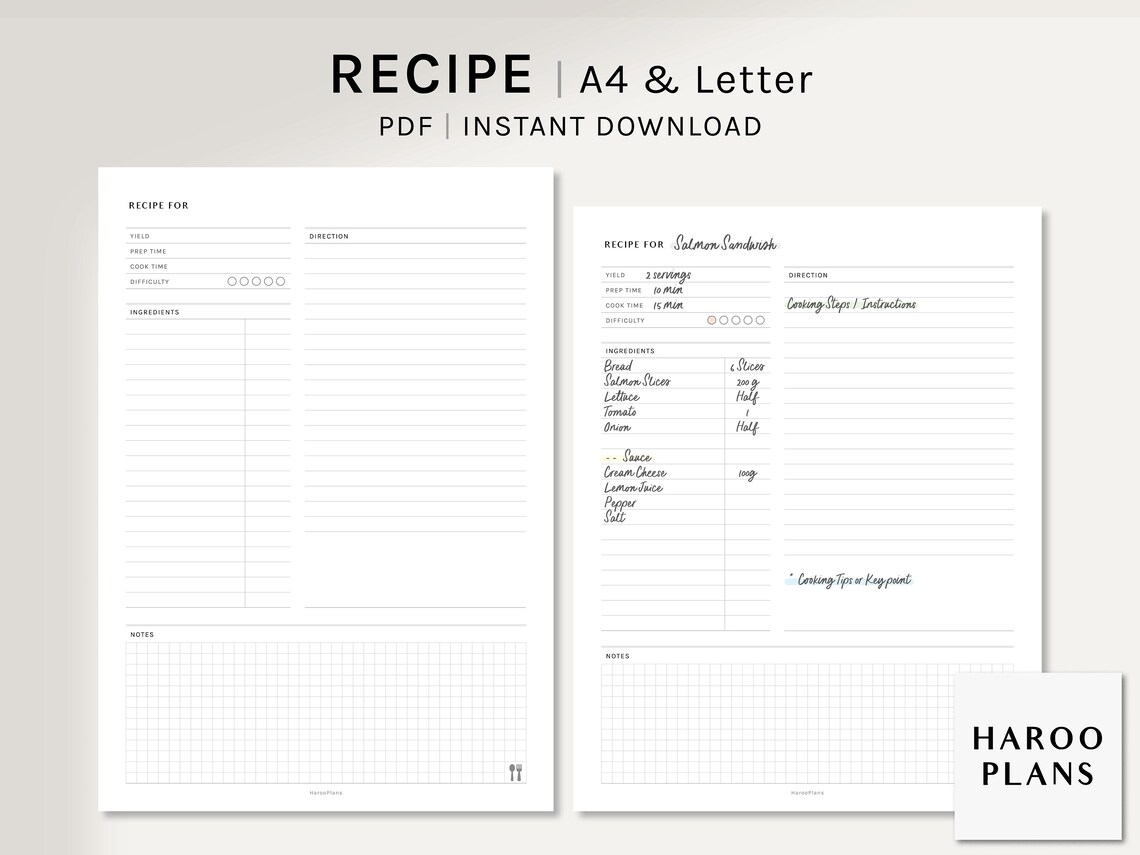 Recipe Sheet A4 US Letter Printable Planner Inserts Blank - Etsy
