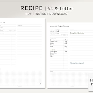 Rezept-Blatt | A4, US Letter druckbare Kalendereinlagen | Blank Kochbuch Vorlage | Mahlzeit Menü Plan Notizen | Food Idee PDF | Digitaler Download