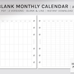 Undated Monthly Calendar A6 Printable Planner Inserts Blank MO1P ...