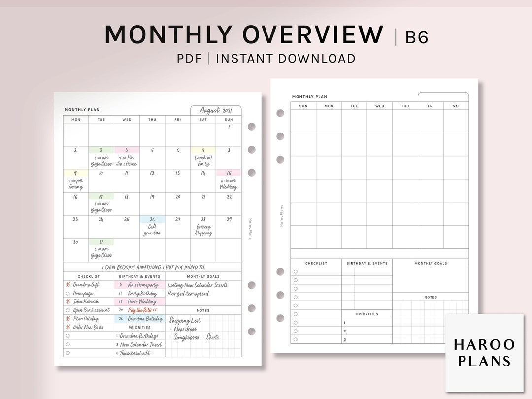Monthly Overview | B6 Ring Printable Planner Inserts | MO1P Layout ...