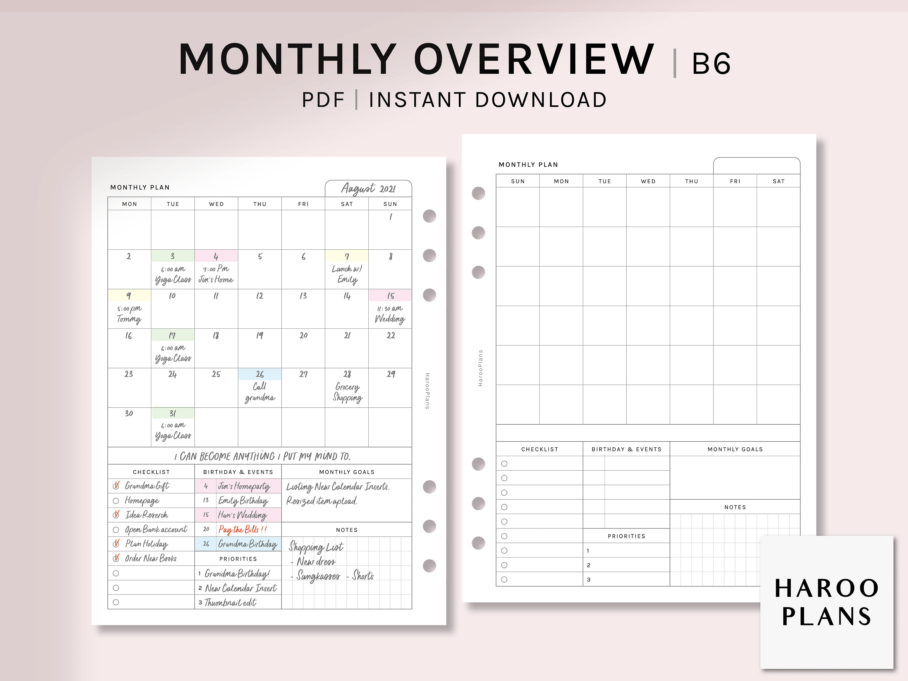 Monthly Overview | B6 Ring Printable Planner Inserts | MO1P Layout ...