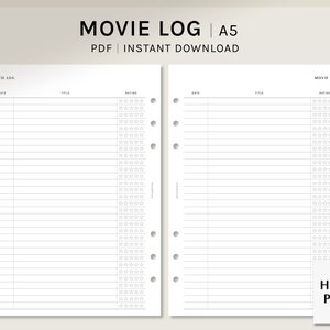 Movie Log | A5 Printable Planner Inserts | Film Checklist Template PDF | Simple Cinema Tracker Layout Pages | Digital Download