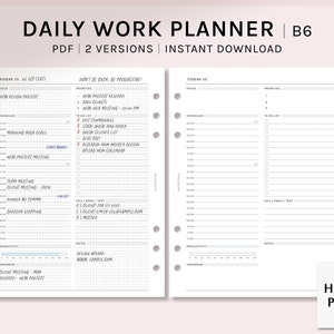Puede incluir: Un planificador de trabajo diario en blanco y negro con un diseño de cuadrícula. El planificador tiene dos páginas, una con una lista de tareas y la otra con un horario. El planificador está etiquetado como "Daily Work Planner" y "B6".