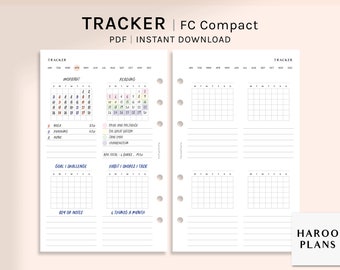May include: A printable planner page with a monthly calendar tracker for workout, reading, goals, challenges, habits, chores, and tasks. The page is designed for a compact FC planner and includes a section for notes. The text "TRACKER | FC Compact" and "PDF | INSTANT DOWNLOAD" is at the top of the page. The text "HAROO PLANS" is at the bottom of the page.