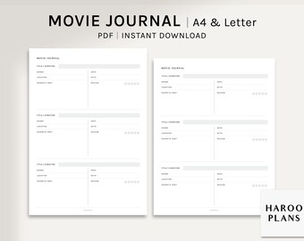 映画ジャーナル | A4、US レターサイズの印刷可能なプランナー インサート | 映画トラッカー テンプレート PDF | シンプルな映画レビュー ログ ワークシート | デジタル ダウンロード