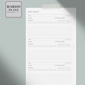 May include: A black and white printable book tracker with three sections for recording book titles, authors, total page numbers, progress, and whether the book was completed or given up. The tracker has a grid pattern for tracking progress.