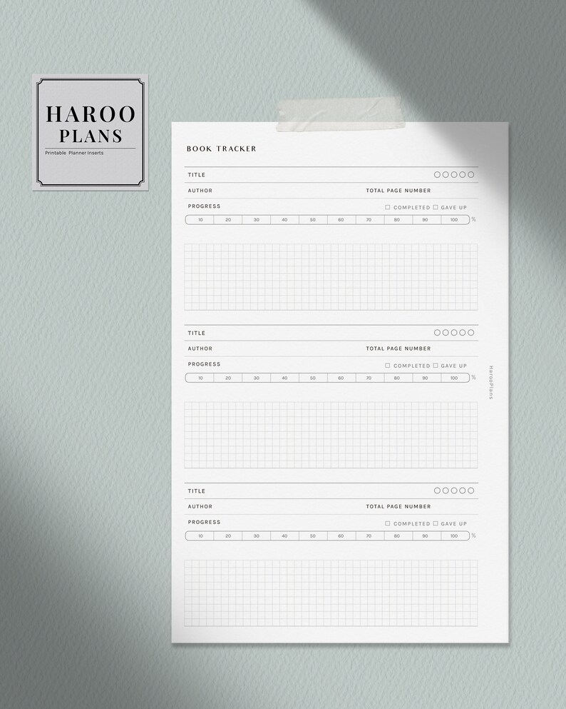 May include: A black and white printable book tracker with three sections for recording book titles, authors, total page numbers, progress, and whether the book was completed or given up. The tracker has a grid pattern for tracking progress.