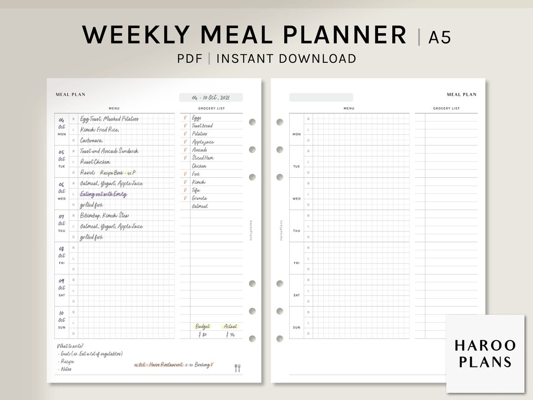 Meal Plan With Grocery List A5 Printable Planner Inserts - Etsy Australia