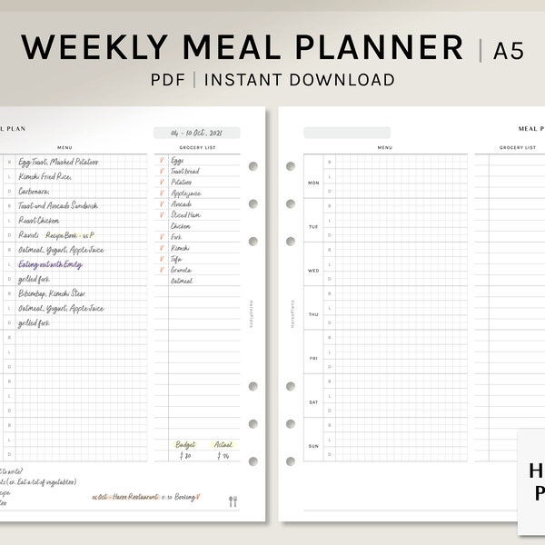 Meal Plan with Grocery List | A5 Printable Planner Inserts | Weekly Menu List Template | Food Journal Page | Diet Tracker | Digital Download