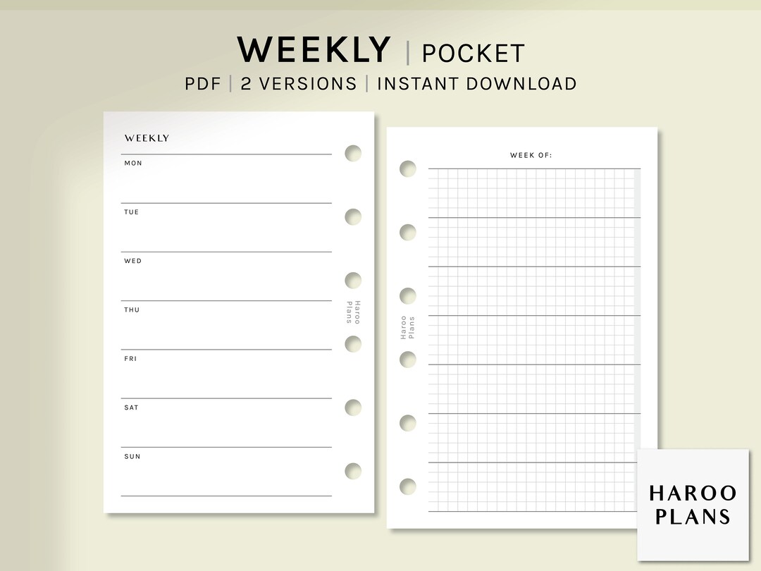 Undated Weekly Pocket Size Ring Printable Planner Inserts WO1P Layout