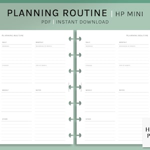 May include: A printable planning routine planner page for a HP Mini planner. The page is divided into sections for daily, weekly, and monthly planning. The page also includes sections for notes and other.
