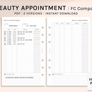 May include: A printable beauty appointment planner with two pages. The left page has a schedule with dates, times, and services. The right page is a blank appointment sheet. Text includes "BEAUTY APPOINTMENT" and "HAROO PLANS."