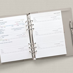 Op de afbeelding: Een witte boektracker met een grijze omslag. De boektracker heeft een geruit blad met kolommen voor titel, auteur, pagina's, voortgang en totaal aantal pagina's. De boektracker is open op een pagina met de titel "Pride and Prejudice" van Jane Austen.