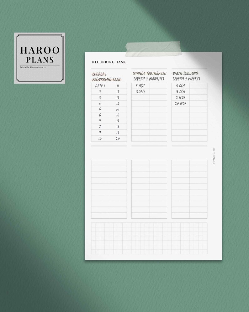Recurring Task Log | HP Mini Printable Happy Planner Inserts | Habit ...