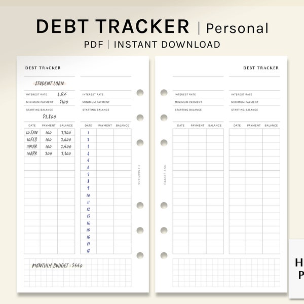 Debt Tracker | Personal Size Printable Planner Inserts | Loan Snowball Template | Finance Journal | Debt Payoff Sheet PDF | Digital Download