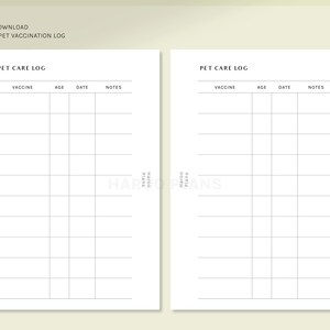 May include: Two blank printable pet care log pages with headings for vaccine, age, date, and notes. The pages are designed for a pocket-sized planner.