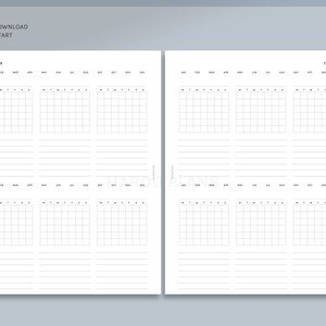 May include: A printable planner page with two columns of monthly trackers. Each column has six monthly calendars, labeled January through December. The page is titled "Tracker".