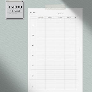 May include: A printable meal planner with a white background and black text. The planner is divided into seven days of the week, with columns for breakfast, lunch, dinner, and snack. The text "HAROO PLANS" is at the top of the page.