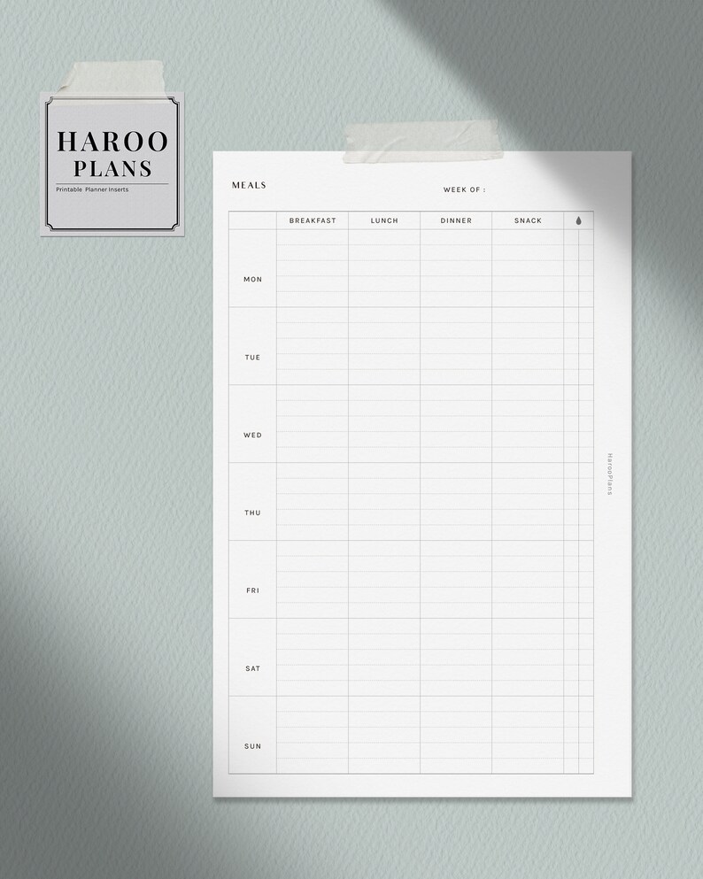 May include: A printable meal planner with a white background and black text. The planner is divided into seven days of the week, with columns for breakfast, lunch, dinner, and snack. The text "HAROO PLANS" is at the top of the page.