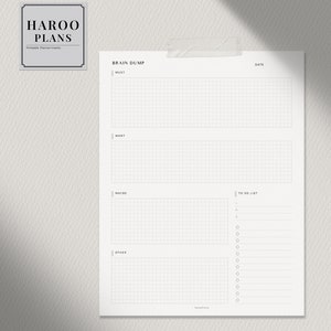 Peut inclure: Une feuille de planification imprimable avec une mise en page en grille pour un "brain dump", une liste de t&acirc;ches et d'autres notes. Le planificateur comprend des sections intitul&eacute;es "Must", "Want", "Maybe" et "Other". Le coin sup&eacute;rieur gauche pr&eacute;sente un logo "HAROO PLANS".