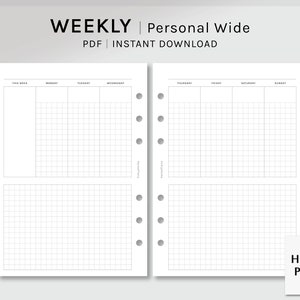 Weekly | Personal Wide Printable Planner Inserts | Undated WO2P Template | Schedule Organizer | with Grid Notes Sheet PDF | Digital Download