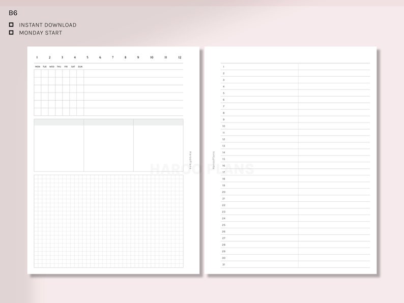 Month at a Glance | B6 Ring Printable Planner Inserts | Undated MO2P ...