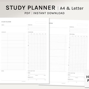 Planificador de estudios / A4, INSerciones imprimibles de cartas de EE. UU. / Plantilla de horario / Diseño de horario diario / Organizador de productividad PDF / Descarga digital
