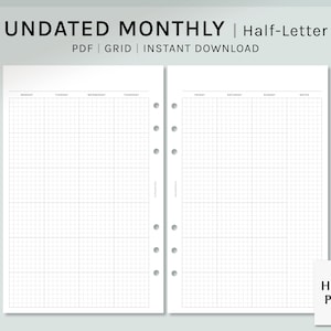 Inserciones de planificador imprimibles mensuales sin fecha / de media letra / Plantilla de calendario cuadriculado / Programación MO2P / Resumen del mes en formato PDF / Descarga digital