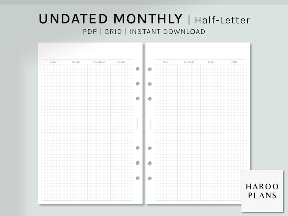 Undated Monthly Half-letter Printable Planner Inserts Grid - Etsy