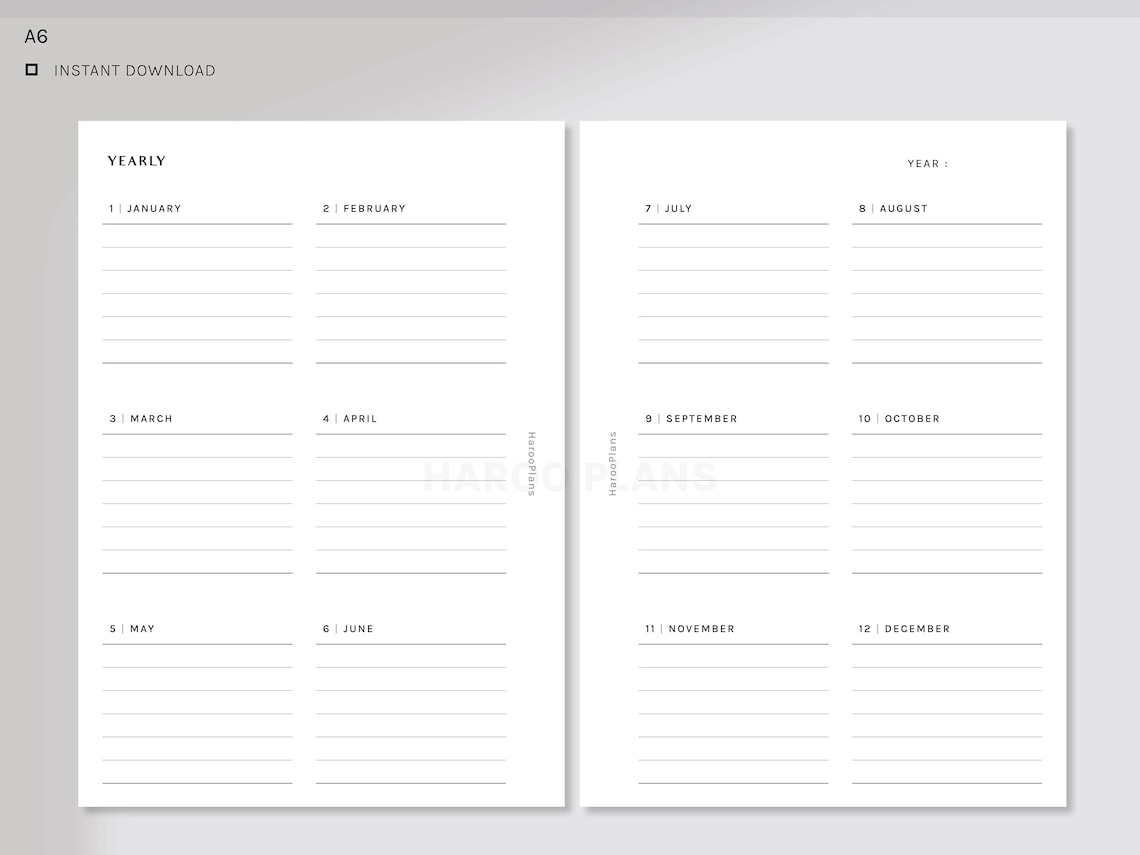 Yearly Planner | A6 Size Printable Inserts | Undated Yearly Overview ...