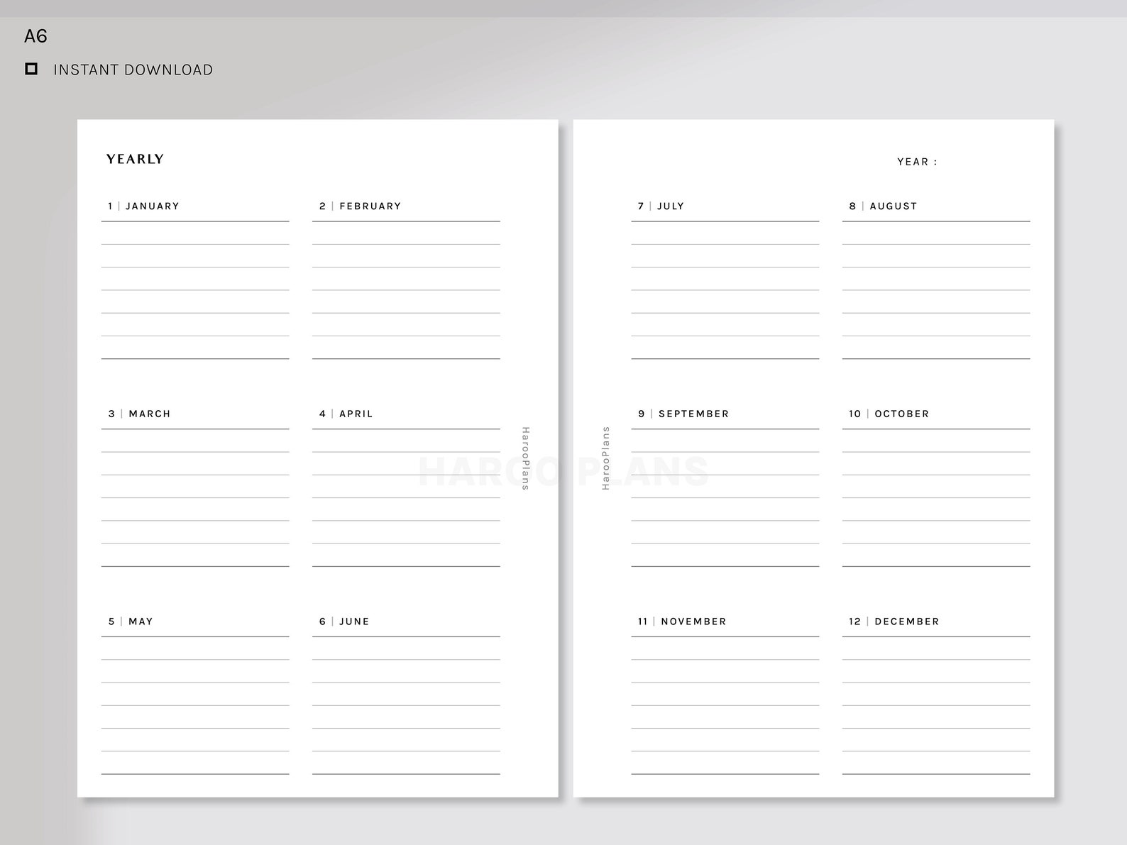 Yearly Planner | A6 Size Printable Inserts | Undated Yearly Overview ...
