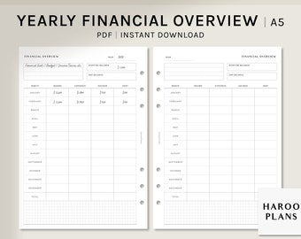 Yearly Financial Overview | A5 Printable Planner Inserts | Annual Budget Planning Organizer | Money Journal Template PDF | Digital Download