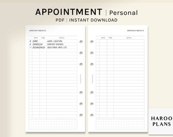 Appointment Tracker | Personal Size Printable Planner Inserts | Schedule Template | Appointment List PDF | Meeting Log | Digital Download