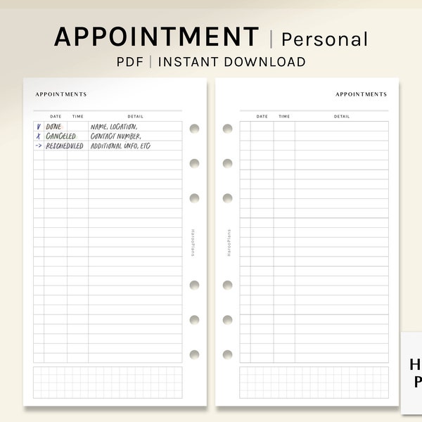 Appointment Tracker | Personal Size Printable Planner Inserts | Schedule Template | Appointment List PDF | Meeting Log | Digital Download