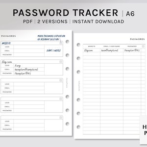 Rastreador de senha | Inserções de planejador para impressão A6 | Modelo de registro do protetor de senha | Planilha da lista de login do site PDF | Download Digital