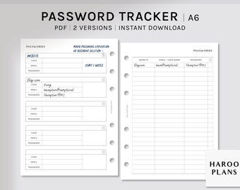 Password Tracker | A6 Printable Planner Inserts | Password Keeper Log Template | Website Login List Worksheet PDF | Digital Download