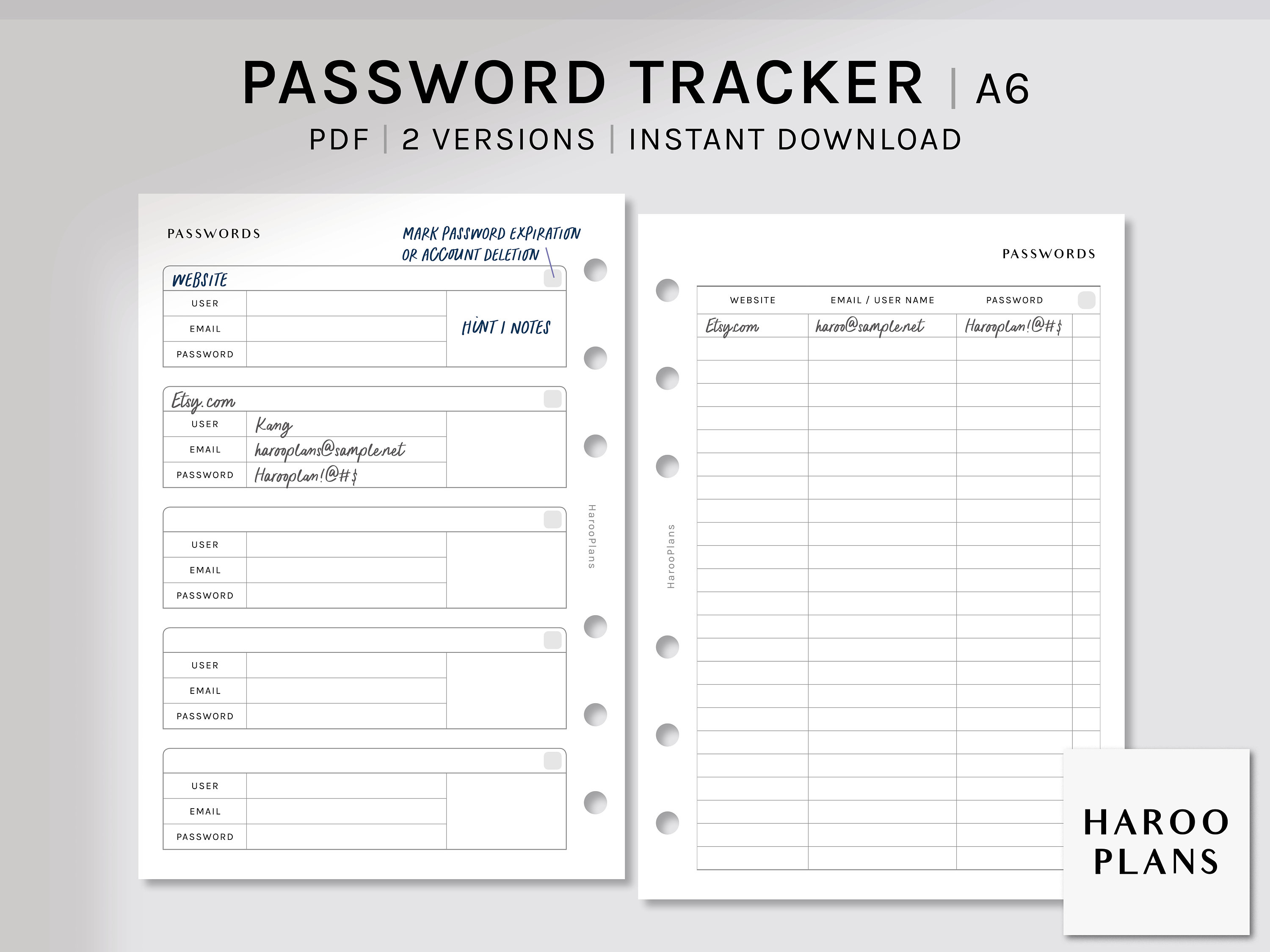 Password Tracker | A6 Printable Planner Inserts | Password Keeper Log ...