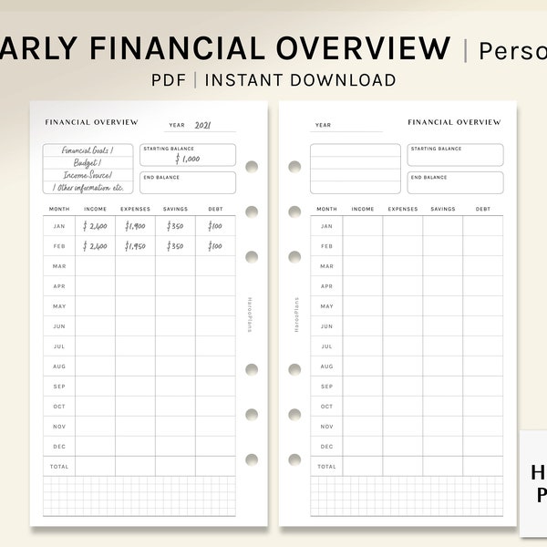 Yearly Financial Overview | Personal Size Printable Planner Inserts | Budget Planning Organizer | Money Journal Template | Digital Download